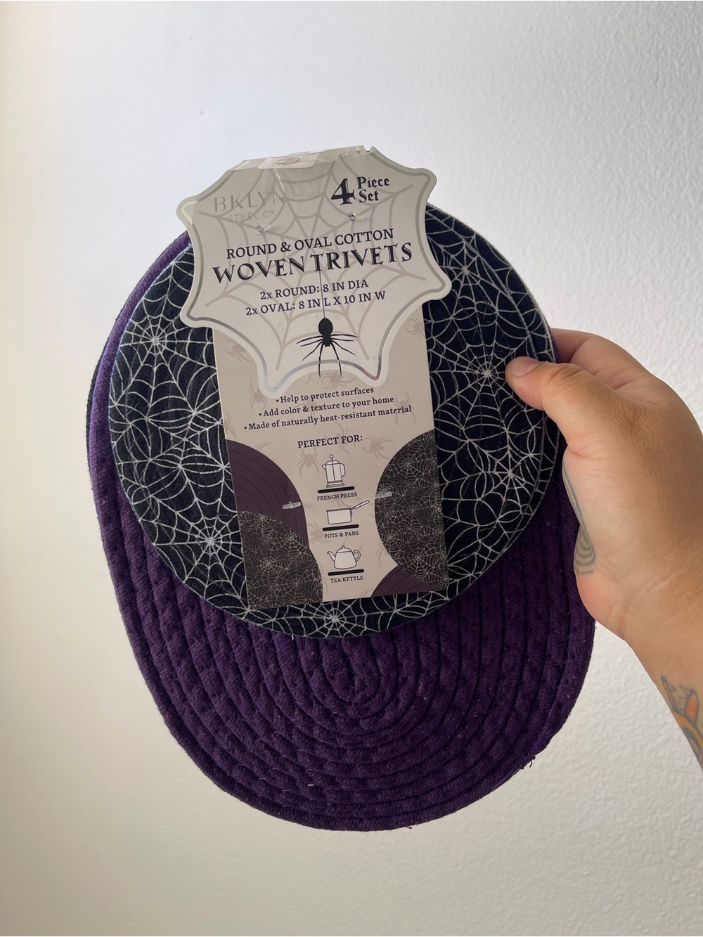 Woven Cotton Trivets 4-Piece Set - Deep Purple & Black